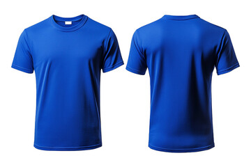 Blue blank t shirt front and back mockup for design presentation,blank t shirt template from two sides isolated on transparent and white background