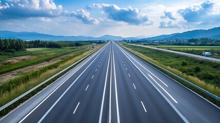Obraz premium Panoramic View of Expansive Highway Stretching into the Distance Under Clear Sky : Generative AI