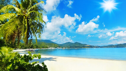 Sea beach landscape, paradise tropical island panorama, green coco palm tree leaves, turquoise ocean water, white sand, blue sky sunny day cloud, summer holidays, vacation, travel, Thailand, Koh Samui