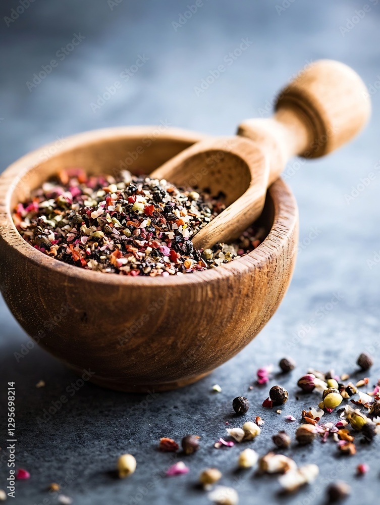 Aufkleber spices in wooden bowl with spoon ready for culinary use on dark stone surface : generative ai