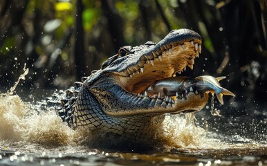 Fototapeta premium Powerful Alligator Grabs Fish in Swampy Waters, Showcasing Nature's Predator in Action with Dramatic Splash and Intense Focus on Hunting Skills