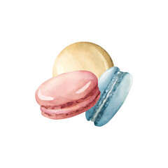 Cute Macaroons. Pink, blue, beige macarons. Watercolor hand painted isolated food illustration for kids birthday party
