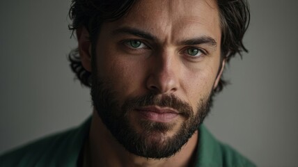 Fototapeta premium rugged man with piercing eyes and a well-groomed beard stares intently at the camera, radiating strength and quiet confidence