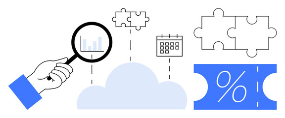 Magnifying glass analyzing data, blue cloud, puzzle pieces, calendar icon, and percentage symbol. Ideal for problem-solving, data analysis, strategy planning, discounts cloud services time