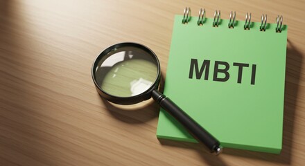 MBTI concept.Myers–Briggs Type Indicator - personality assessment tool that categorizes individuals into 16 personality types based on preferences in four areas. Notes and a magnifying glass on a desk