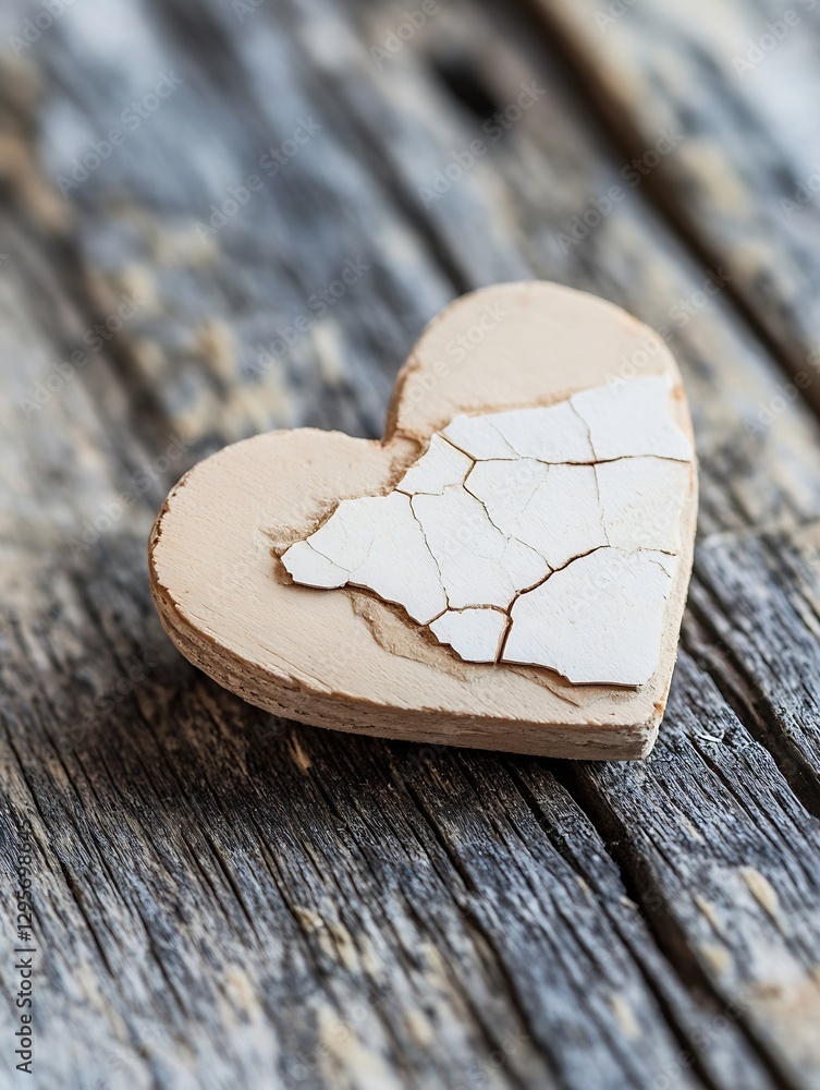 Poster Close up of a rustic wooden heart on a weathered table background showcasing its unique texture and charm : Generative AI