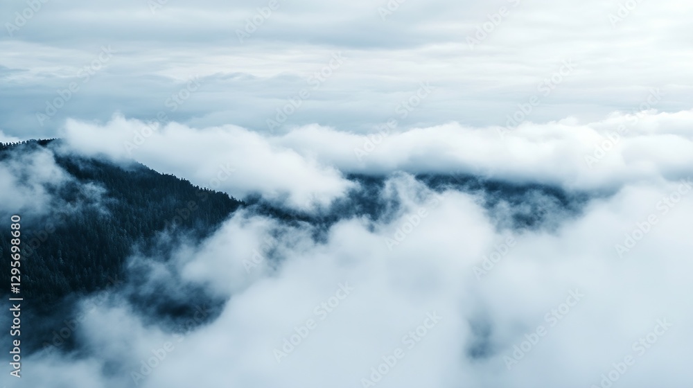 Poster aerial view of thick cloud cover above mountain range creating a serene natural landscape : generati