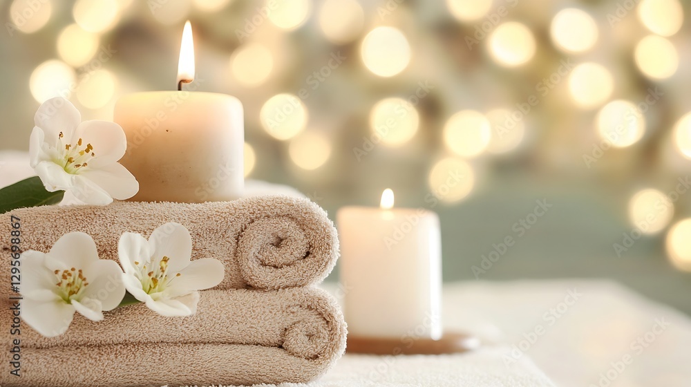 Poster serene candles and towels with blossoms set against a soft background for a spa retreat feel : gener