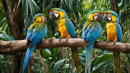 Obraz premium blue and yellow macaw, A group of vibrant parrots, including blue and yellow macaws, chatting and grooming each other on a thick jungle tree branch