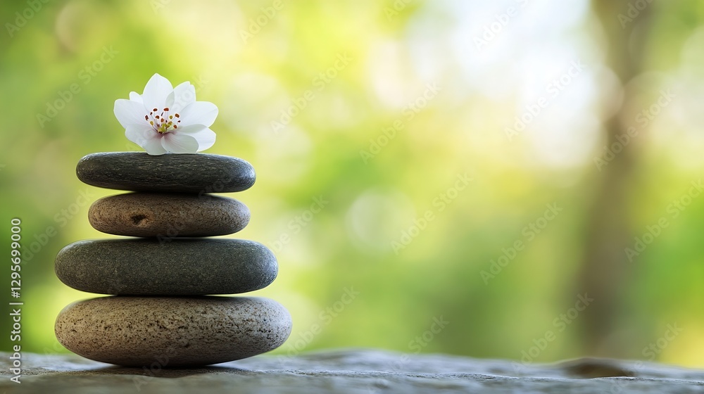 Poster stacked stones with a white flower on top set against a soft blurred nature background : generative 
