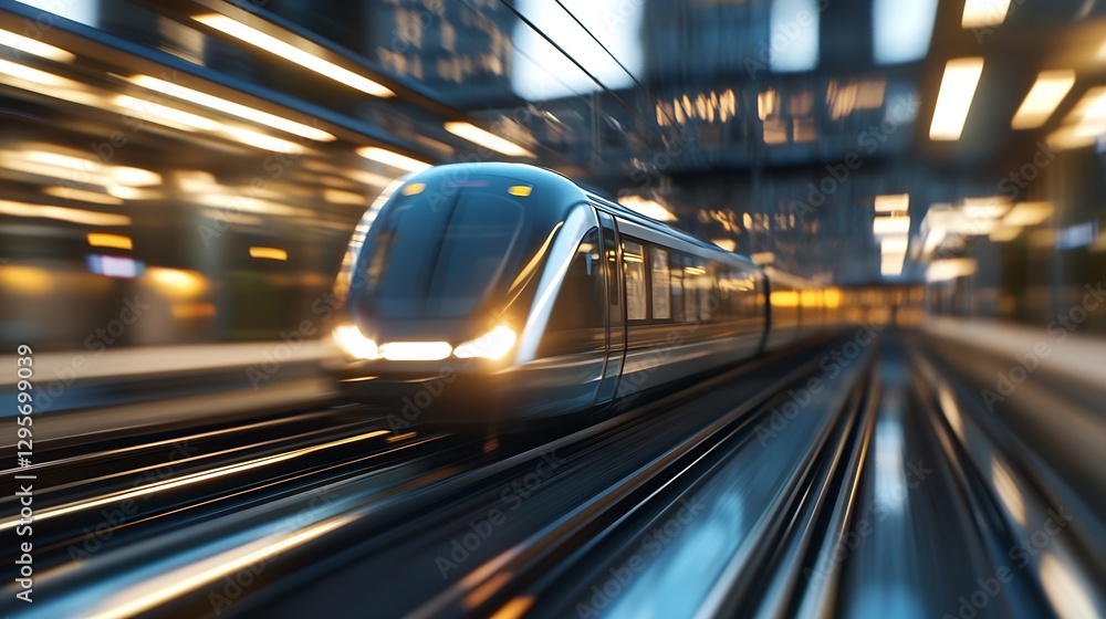 Poster futuristic high-speed train passing by a modern urban scene with motion blur : generative ai