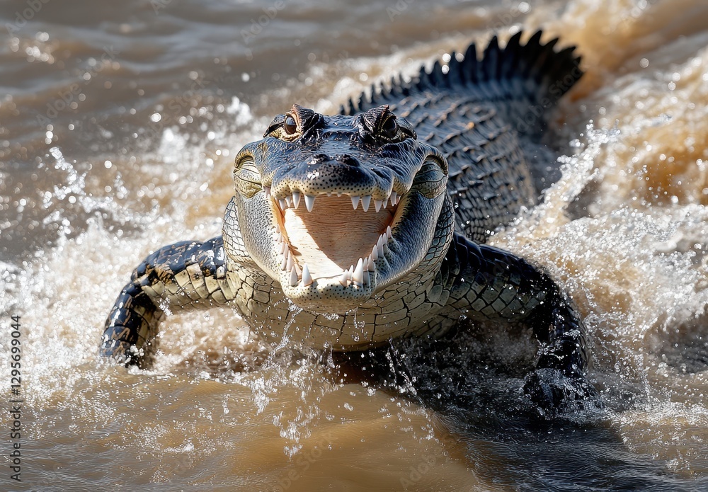 Poster powerful crocodile emerging from water with open mouth displaying sharp teeth and strong jaws in nat
