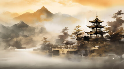 Serene Oriental Landscape Painting with Misty Mountains and Traditional Pagoda