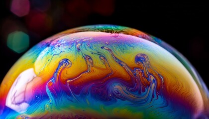 The reflective, oily surface of a soap bubble, creating a mesmerizing spectrum of rainbow colors and vibrant, iridescent patterns as light refracts through the bubble.

