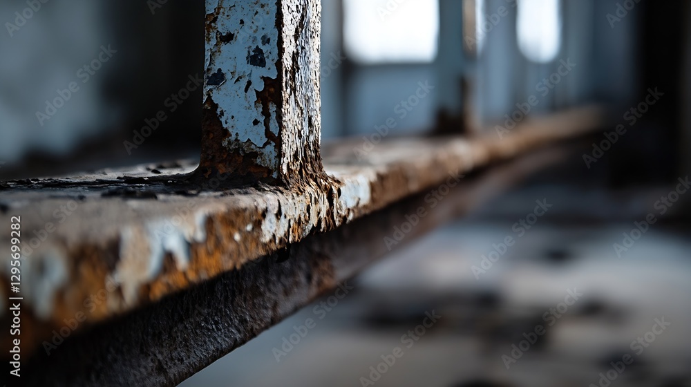 Poster abstract detail of a rusty metal beam in an abandoned building showcasing decay and neglect : genera