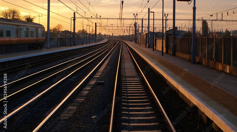 Poster serene sunset view of train tracks curving into the horizon at golden hour : generative ai