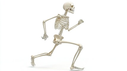 Human skeleton in motion, mid-stride as if walking or running, isolated on white background.
