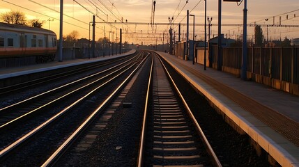 Fototapeta premium Serene Sunset View of Train Tracks Curving into the Horizon at Golden Hour : Generative AI