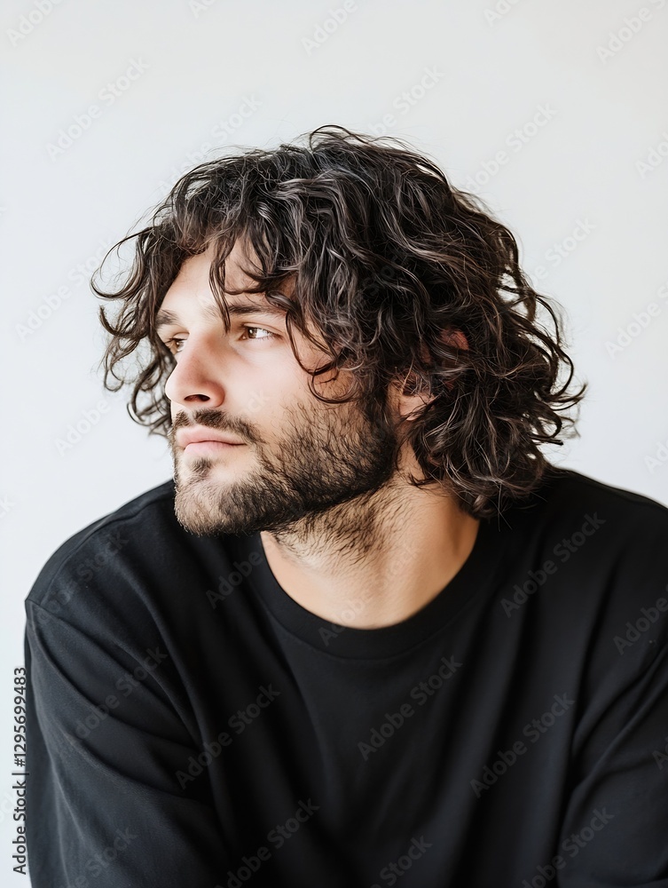 Aufkleber profile view of a young man with curly hair and thoughtful expression in natural light : generative 