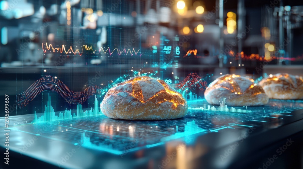 Poster this image showcases a futuristic bakery scene featuring fresh bread with digital data overlays. it 