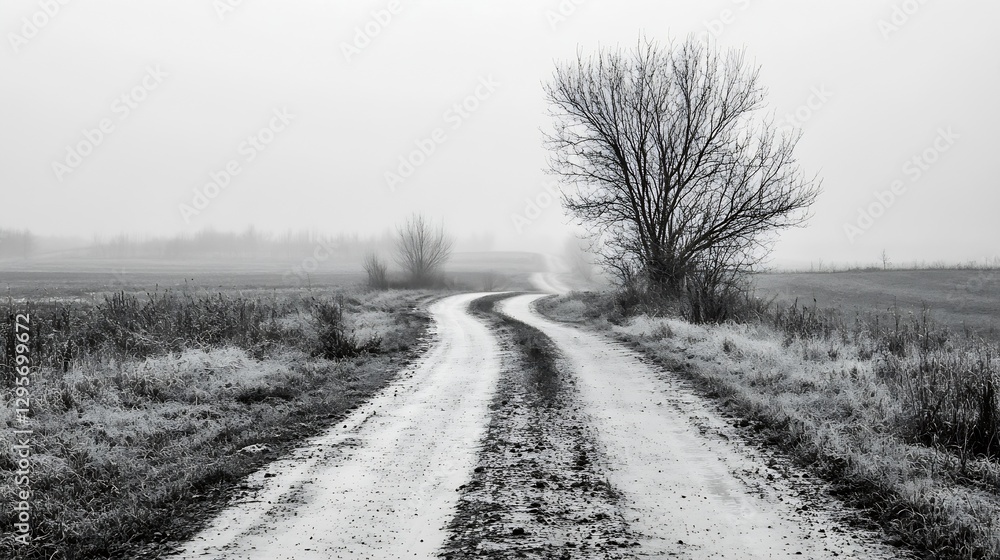 Poster misty rural path winding through the countryside with bare trees in a serene black and white landsca