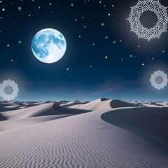 A vast, peaceful desert under a radiant full moon, with soft shadows stretching across the dunes