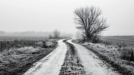Misty rural path winding through the countryside with bare trees in a serene black and white landscape : Generative AI
