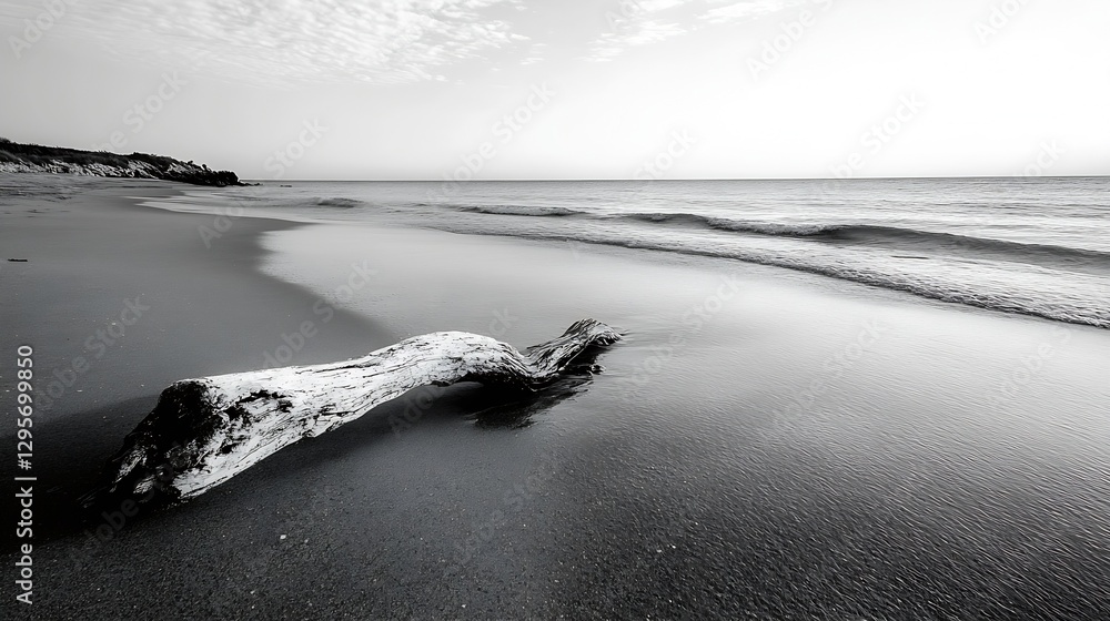 Poster Isolated Driftwood on a Empty Beach with a Tranquil Ocean Scene in Black and White : Generative AI