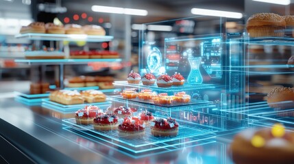 Fototapeta premium Explore a modern bakery showcasing a variety of desserts through a futuristic holographic display. A blend of technology and culinary art.