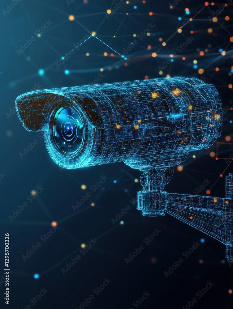 Poster polygonal security cctv camera hologram on dark background. technology and security concept. 3d rend