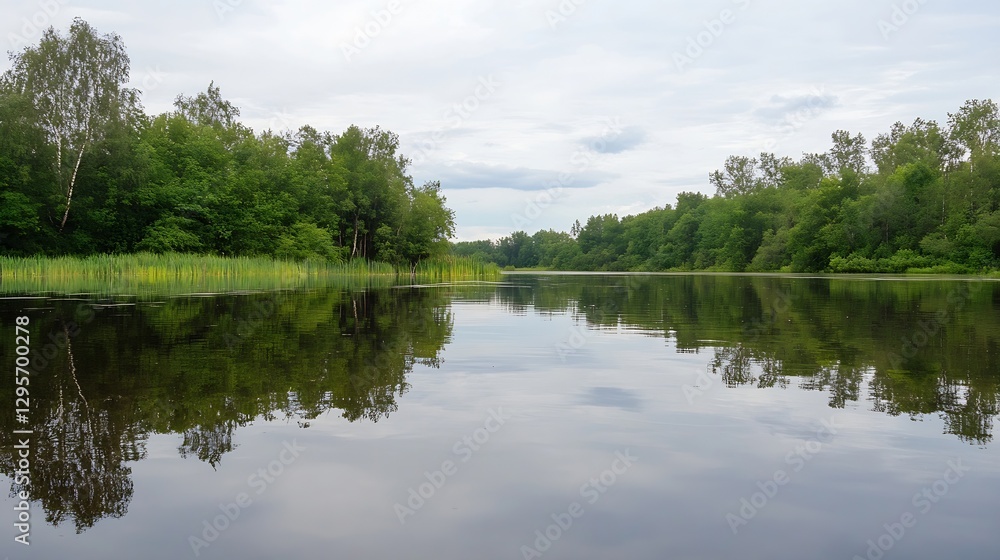 Poster Calm serene river reflecting trees and sky on a cloudy day in a tranquil landscape : Generative AI