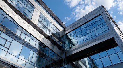 Modern architectural design featuring large glass windows under a beautiful blue sky : Generative AI