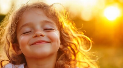 Fototapeta premium Little girl smiling with eyes closed surrounded by sunlight in a grassy field : Generative AI