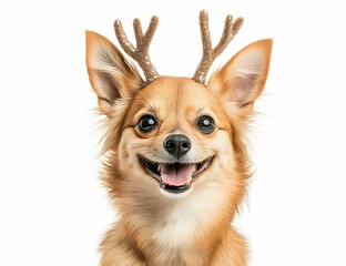 Obraz premium Cute, smiling dog wearing deer antlers for Christmas.