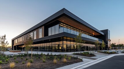 Modern Office Building Exuding Contemporary Architecture and Surrounding Green Landscaping : Generative AI