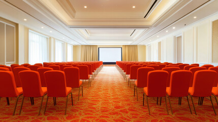 A large room with red chairs and a projector screen