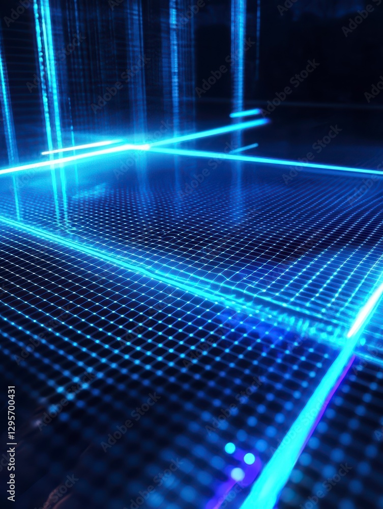 Poster neon grid: abstract image of a futuristic grid with neon blue lines.