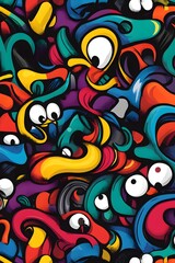 Vibrant abstract pattern with cartoon characters; Background; Colorful;  Use Graphic design