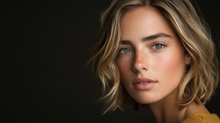 Fototapeta premium Beautiful Young Woman with Short Blonde Hair and Gorgeous Make-Up Posing Against Dark Background in Studio Lighting