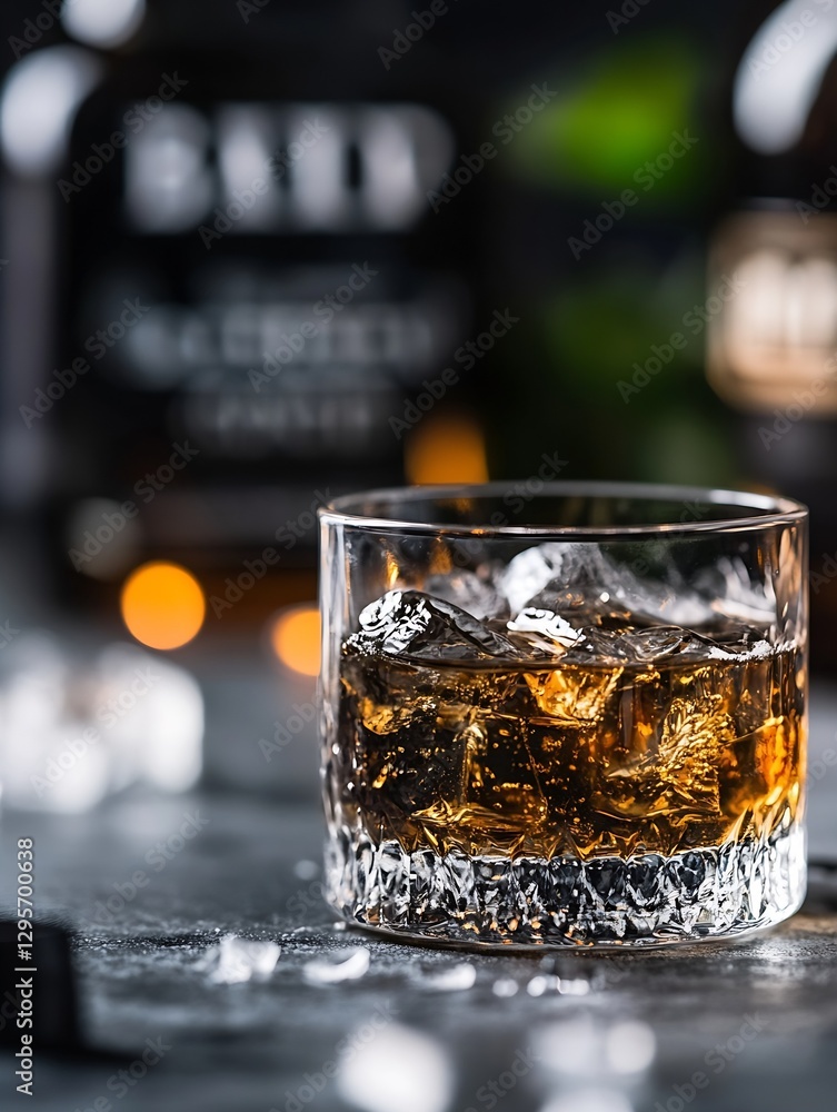 Poster stylish whiskey glass filled with ice reflecting warm light from blurred bottles in background : gen