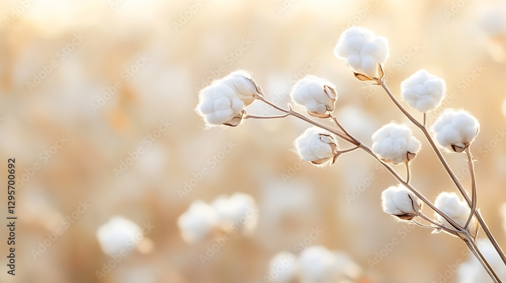 Poster soft focus on cotton flower buds in a warm golden light creating a serene dreamlike atmosphere in na