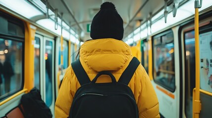 Person Wearing Yellow Jacket and Black Beanie in Subway Train Interior During Evening Commute