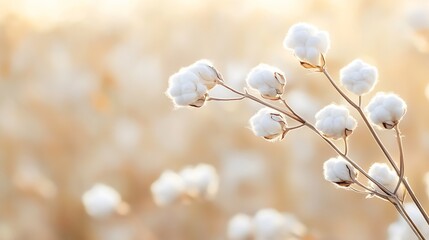 Soft focus on cotton flower buds in a warm golden light creating a serene dreamlike atmosphere in nature : Generative AI