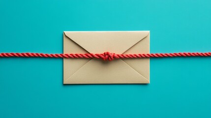 Elegant Brown Envelope Wrapped with a Red String on a Bright Teal Background for Creative Designs