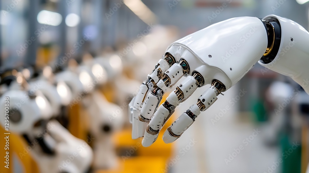 Poster closeup of a robotic hand in a modern manufacturing facility highlighting advanced automation techno