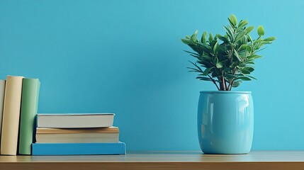 Indoor Plant with Blue Pot and Stacked Books on Wooden Shelf Against Bright Blue Wall Background