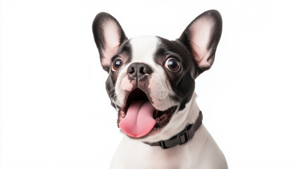 Fototapeta premium A black and white dog with a pink tongue sticking out