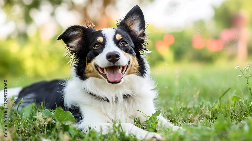 Poster Happy and playful dog lying on grass in a sunny garden with a joyful expression : Generative AI