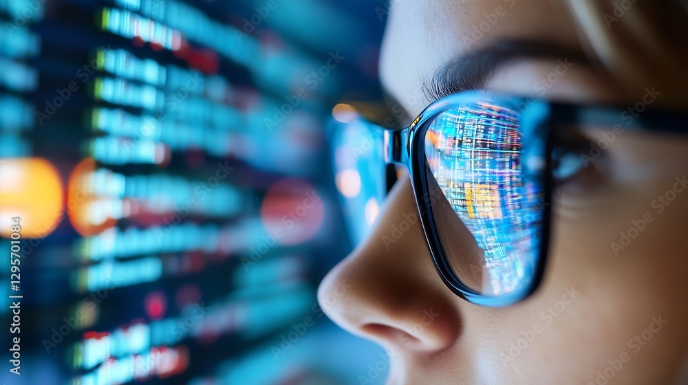 Aufkleber close up of a person's face with glasses reflecting colorful digital data in the background : genera