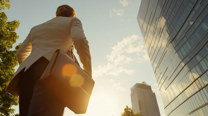 Plakat A man wearing a suit and carrying a briefcase walks past a tall building